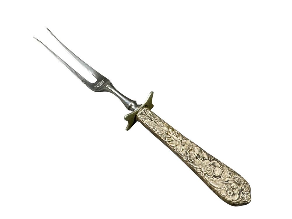 Vntg W. R. Humpreys England Sterling Silver Handle Carving Fork Repoussé Floral